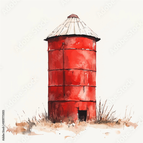 Watercolor_style_painting_of_a_red_farm_silo_Simple Hand-painted watercolor style, vectorized, painting style, vector set available in EPS