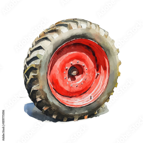Watercolor_style_painting_of_a_red_tractor_wheel_Simple Hand-painted watercolor style, vectorized, painting style, vector set available in EPS format set