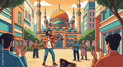 Animated violin street artist performing in front of a majestic mosque