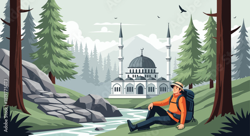 Man resting near river with mosque in distance in tranquil natural setting