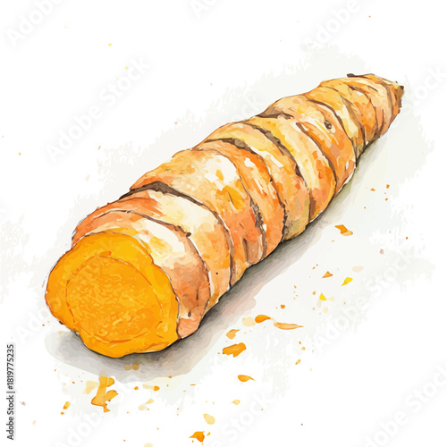 Watercolor_style_painting_of_a_turmeric_root_on_a_white_Hand-painted style, vectorized, vector set available in EPS