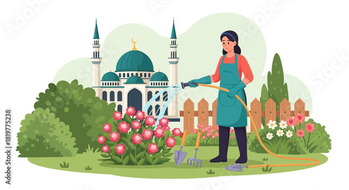Tranquil gardening scene with woman watering flowers near mosque in the yard