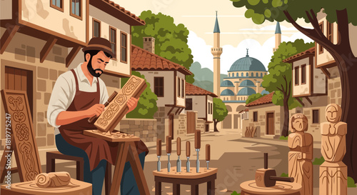 Woodcarver creating traditional art in an old city with Ottoman architecture