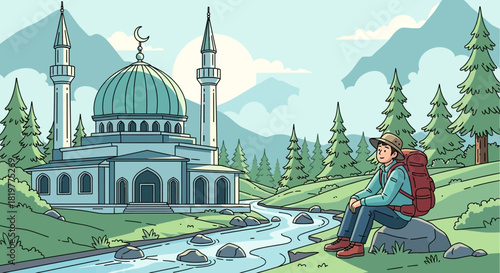 Peaceful hiker resting near a mosque in a serene natural landscape illustration