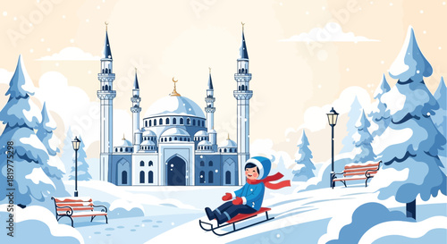 Winter Fun: A Child's Joyful Sled Ride Before a Majestic Snowy Mosque