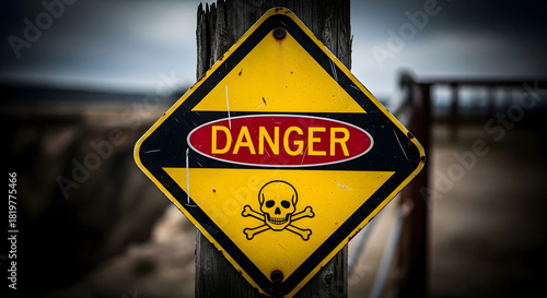 A yellow danger sign with skull and crossbones on a weathered wooden post in an outdoor setting near a fence
