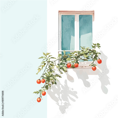 Beautiful fresh tomato branch with window painting design set. Hand-painted style, vectorized, vector set available in EPS, Simple Hand-painted watercolor style