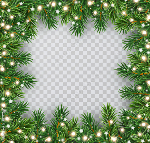 Border with green fir branches, lights and white stars isolated on transparent background. Pine, xmas banner. Vector Christmas tree garland decoration frame