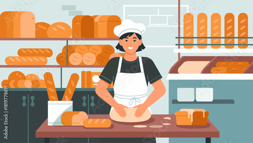baker kneading dough in a bakery, vector illustration for traditional bread making, food industry, and small business