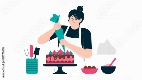 pastry chef decorating a cake with a piping bag, vector illustration for confectionery, pastry arts, and small business