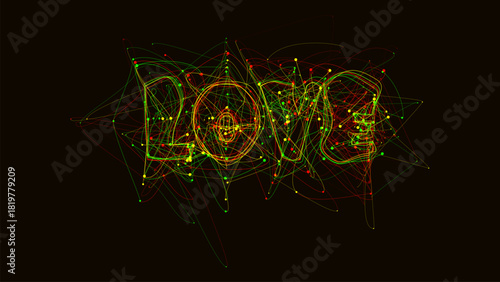 The word "LOVE" is formed by chaotic, glowing, multicolored lines and dots. Against the dark background, the bright lines appear particularly contrasting and colorful.
