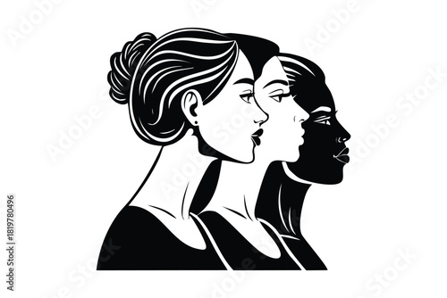 Diverse Women Profiles Silhouette Outline Black and White Minimalist Design Concept