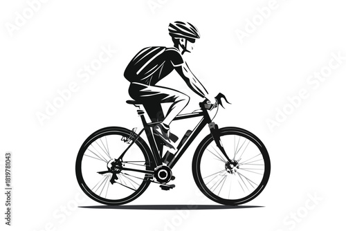 Dynamic Silhouette of Male Mountain Biker Riding with Backpack and Helmet