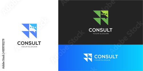Financial consult logo design ideas. Vector of growth triangular with bubble speech icons symbols. Media tech for talk, chat, and consult forum communications.