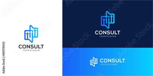 Financial consult logo design ideas. Vector of growth chart with bubble speech icons symbols. Media tech for talk, chat, and consult forum communications.