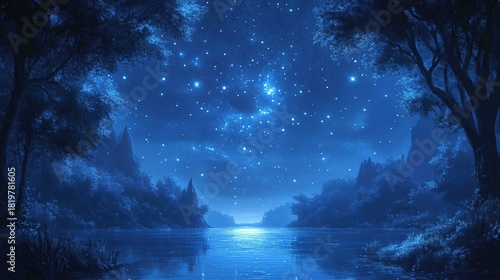 Enchanting Starry Night Sky Over a Serene Lake Surrounded by Mystical Forest