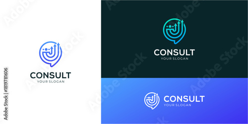 Financial consult logo design ideas. Vector of growth chart with bubble speech icons symbols. Media tech for talk, chat, and consult forum communications.