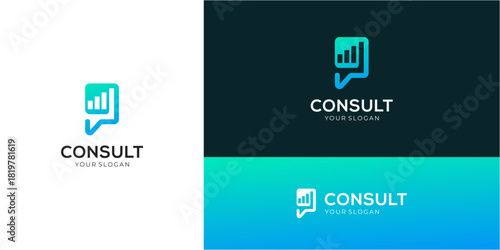 Financial consult logo design ideas. Vector of diagram chart with bubble speech icons symbols. Media tech for talk, chat, and consult forum communications.