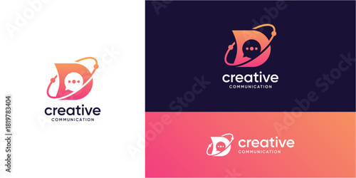 Letter D planet with bubble speech logo design inspiration. Talk and chat technology communication concept. Vector consult icons symbols.