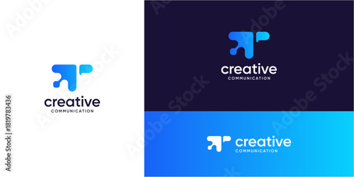 Abstract letter T with arrow and bubble speech logo design ideas. Media tech for talk, chat, and consult forum communications.