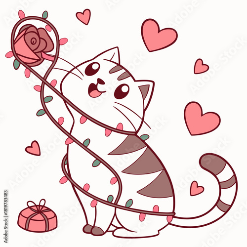 Valentine Blush themed SVG: Cheerful American Shorthair with wrapped in fairy lights in a Valentine environment