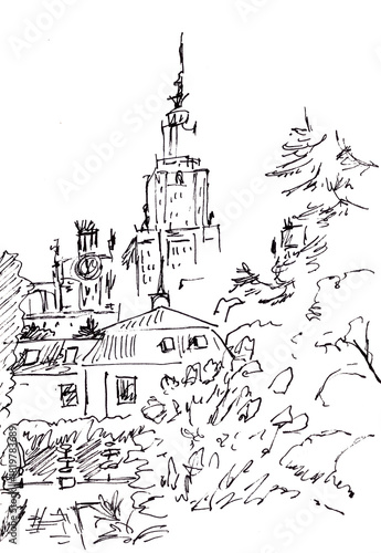 Moscow State University spire and blooming lilac, graphic sketch