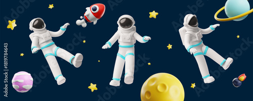 A 3D background with astronauts floating in spacesuits in various poses in outer space.