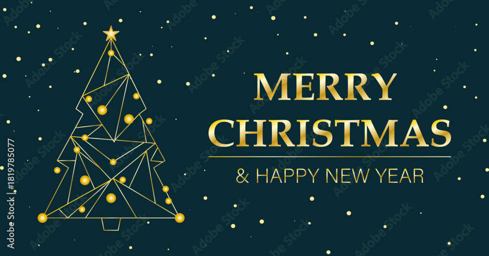 Naklejka premium Banner de navidad y año nuevo con árbol de navidad poligonal dorado y fondo verde oscuro