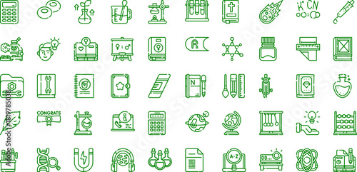 Collection of science and education themed line icons arranged in a grid pattern design style vector pictograms, vector icons set, vector icon, vector illustration on transparent background