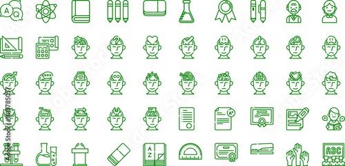 Outline education icons featuring books, beakers, and diverse head profiles with various concepts inside vector pictograms, vector icons set, vector icon, vector illustration on transparent background