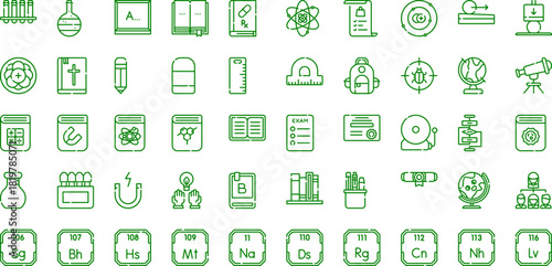 Assorted school and science supplies icons arranged in a grid like formation display image vector pictograms, vector icons set, vector icon, vector illustration on transparent background