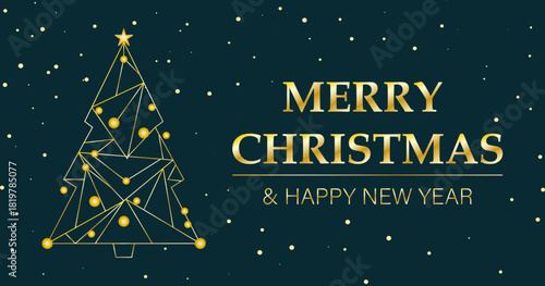 Banner de navidad y año nuevo con árbol de navidad poligonal dorado y fondo verde oscuro