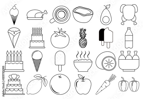 Hoja de iconos de alimentos, frutas, verduras, postres y bebidas