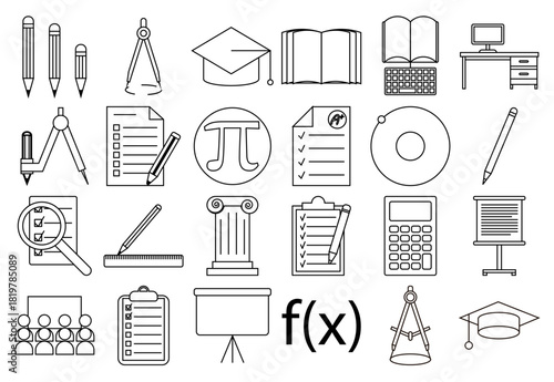 Hoja de iconos de matemáticas, educación, ciencia y herramientas de oficina