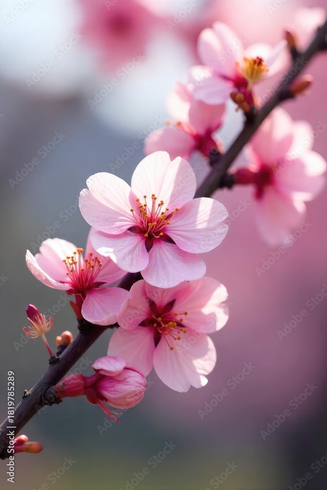 Obraz premium A blossoming branch of cherry blossoms, symbolic of new beginnings and springtime romance; perfect for dating app imagery or romantic themed websites , valentines day, romance