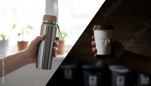Horizontal split image. Hand holding a metal thermos in a green forest versus hand holding a disposable paper cup in a dark city.