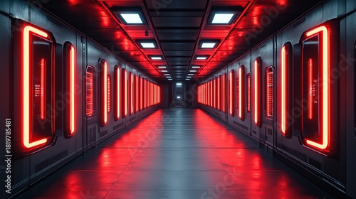 Fototapeta Naklejka Na Ścianę i Meble -  Futuristic Sci-Fi Corridor with Red Neon Lights and a Sleek, Metallic Floor