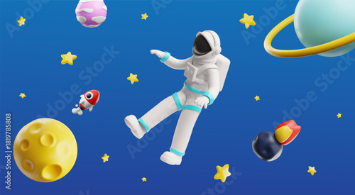 Astronaut soaring in space 3D vector cartoon plastic style, cosmonaut in spacesuit with stars, planets, rocket in galaxy