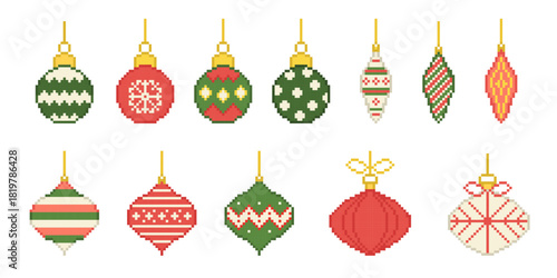 Pixel Christmas Ball Ornament Vector Set. Retro 8 bit bauble holiday pixelated decoration