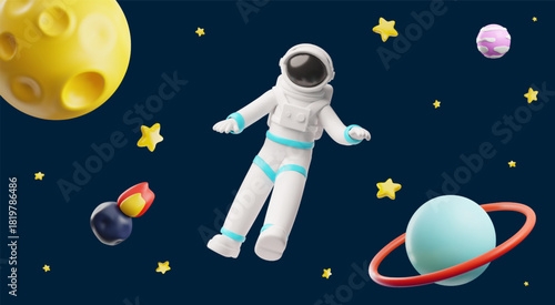 3D space background with an astronaut, planets, stars, and meteorite.