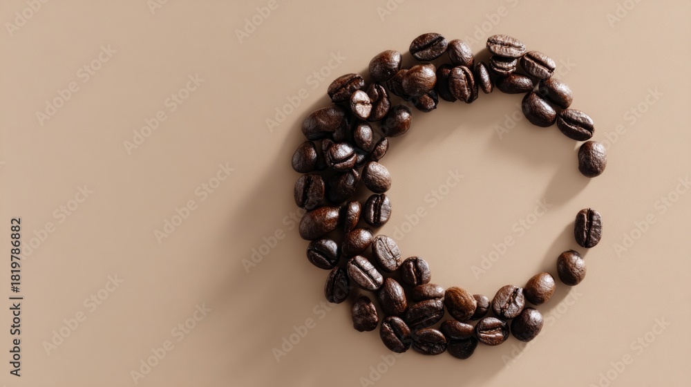 Obraz premium Scattered coffee beans arranged in a rotating vortex pattern on a smooth surface, creating an artistic and dynamic visual representation of coffee culture and enjoyment