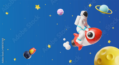 Astronaut flying on a rocket in space 3D cartoon plastic style, cosmonaut interstellar trip with stars planets in galaxy