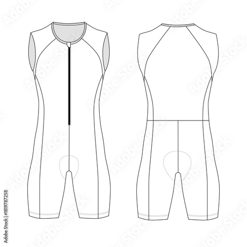 Vector illustration of a men's sleeveless cycling jersey suit, front and back view. Blank athletic suit template for gymnastics, acrobatics, dancing. Sketch of a diving wetsuit