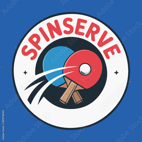 Spinserve table tennis badge with paddle and ball in circular mark, dynamic speed trails, modern ping pong club logo vector for sport branding
