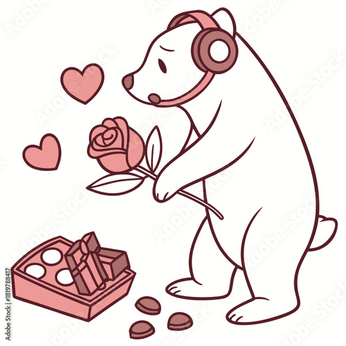 Shy Polar bear with wearing headphones, set in a charming Valentine theme – Valentine Blush color vector art