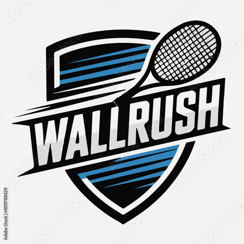 Wallrush tennis or padel shield with fast racquet and blue stripes, sleek team emblem badge, modern court sport branding vector illustration
