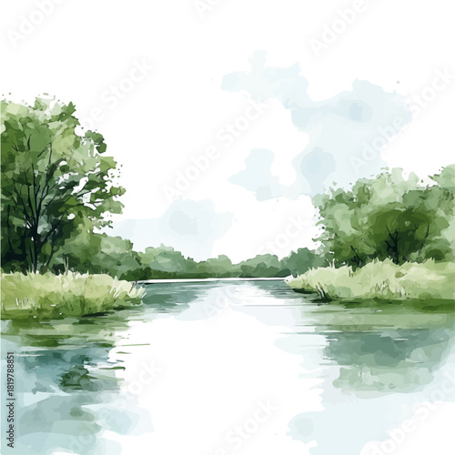 Beautiful river in jungle painting design set, Hand-painted style, vectorized, vector set available in EPS, Simple Hand-painted watercolor style