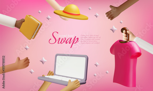 3D banner with hands holding various items, concept of exchange, selling used goods.