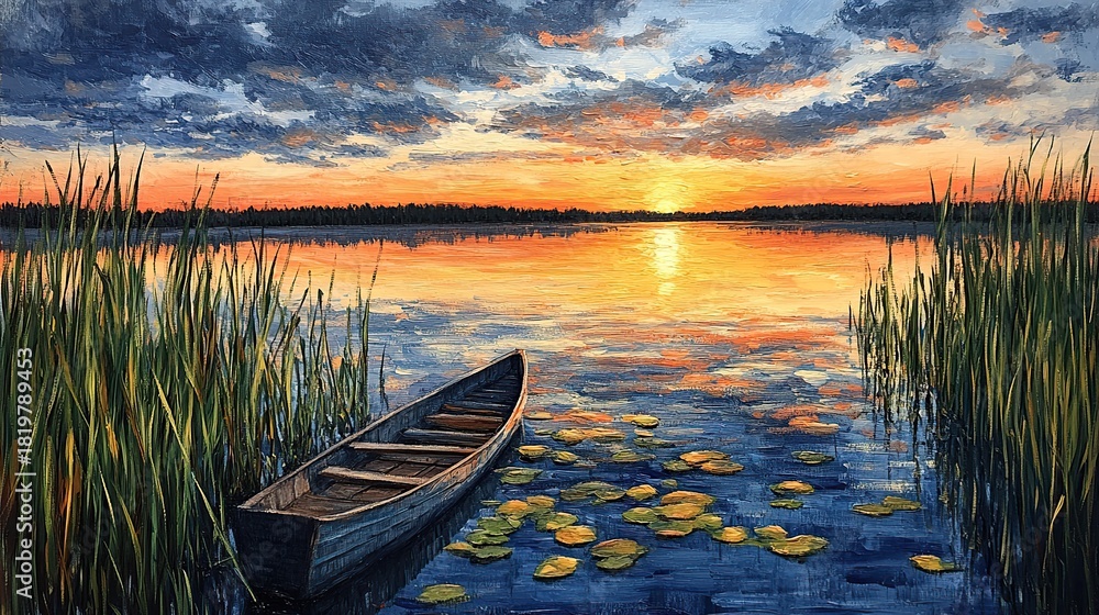 Obraz premium Serene Lakeside Sunset with a Lone Canoe Amidst Reeds and Lily Pads