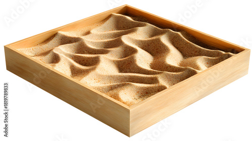 Wooden Zen Garden Sandbox with Sand Dunes waves isolated on a transparent background